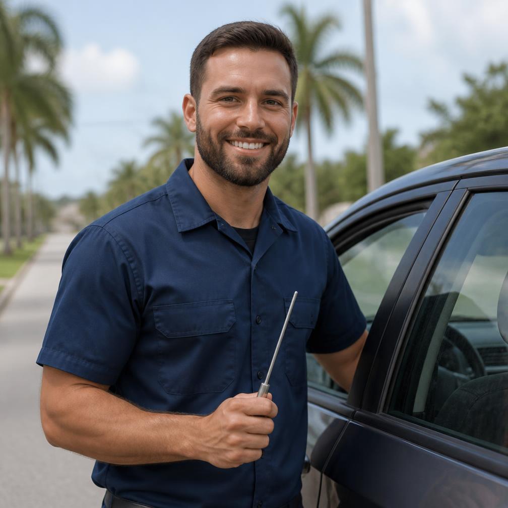 Roadside assistance technician beside a vehicle in Broward County