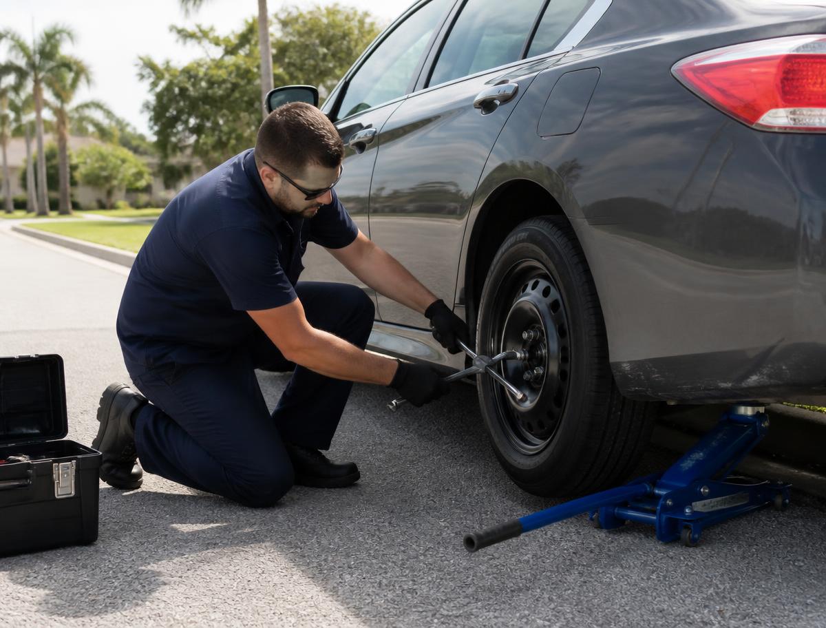 Roadside technician installing a spare tire on a car in Broward County